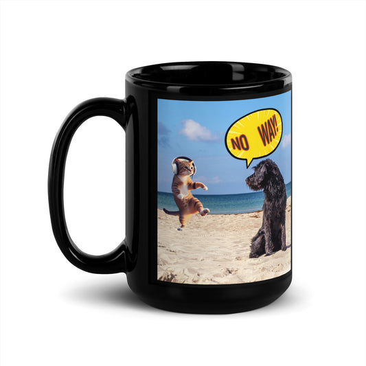 Add laughter to your daily routine with this personalized black ceramic mug featuring a beach scene where a groovy cat dances to music with headphones, while a surprised dog looks on and says, No way!