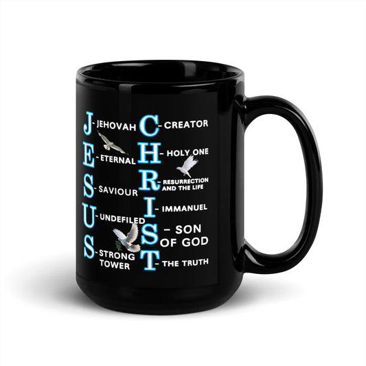 Let your mug speak the Gospel. This bold ceramic black mug features a powerful acronym for “Jesus Christ”, where each letter shares deep truth:
J for Jehovah, E for Eternal, S for Saviour, and more.