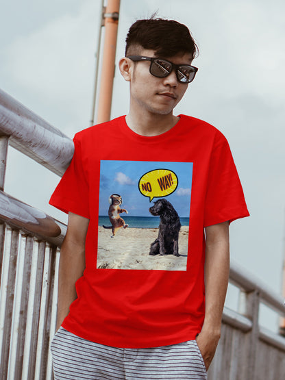 Dog Saying "No Way" to Dancing Cat T-Shirt – Funny Pet Beach Tee
