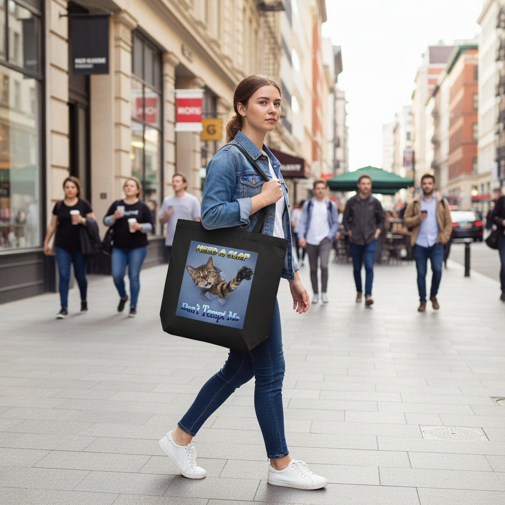 Add sass to your everyday style with this funny tote bag featuring a moody cat in mid-stretch, clearly ready to throw paws. Emblazoned with the bold message “Need a Slap? Don’t Tempt Me,” this sturdy tote is both practical and a statement piece. Ideal for errands, gifts, or just flaunting your inner feline energy.
