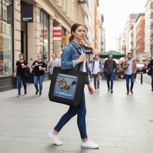 Add sass to your everyday style with this funny tote bag featuring a moody cat in mid-stretch, clearly ready to throw paws. Emblazoned with the bold message “Need a Slap? Don’t Tempt Me,” this sturdy tote is both practical and a statement piece. Ideal for errands, gifts, or just flaunting your inner feline energy.
