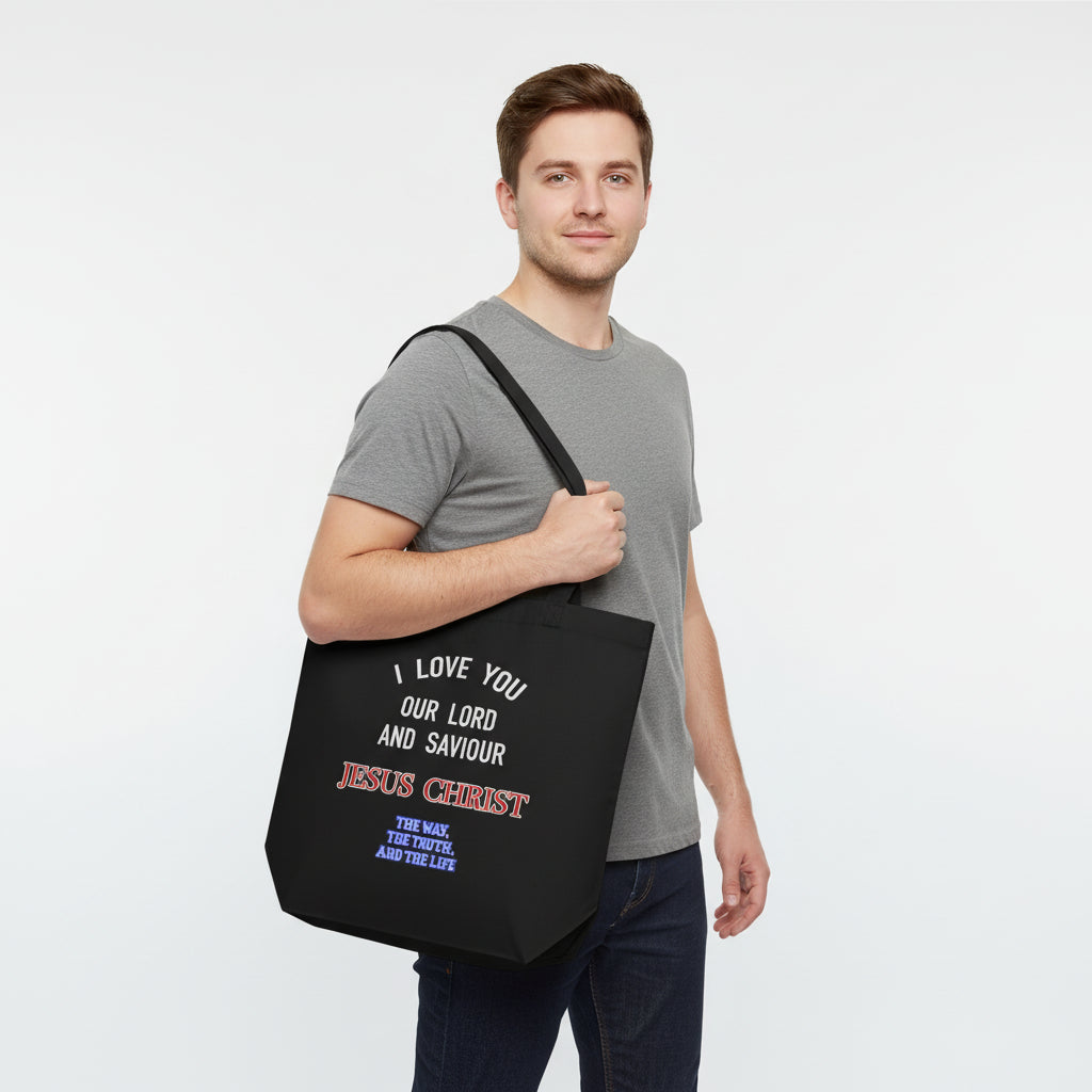 Let your faith speak loudly and clearly with this powerful Christian eco tote bag. Featuring the heartfelt declaration:&nbsp;“I Love You Jesus Christ our Lord and Saviour – The Way, The Truth And The Life”, this tote is a daily reminder of your devotion. Sturdy, spacious, and inspiring, it’s perfect for church, errands, or carrying your Bible and essentials on the go.