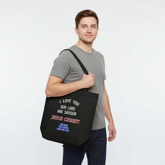 Let your faith speak loudly and clearly with this powerful Christian eco tote bag. Featuring the heartfelt declaration:&nbsp;“I Love You Jesus Christ our Lord and Saviour – The Way, The Truth And The Life”, this tote is a daily reminder of your devotion. Sturdy, spacious, and inspiring, it’s perfect for church, errands, or carrying your Bible and essentials on the go.