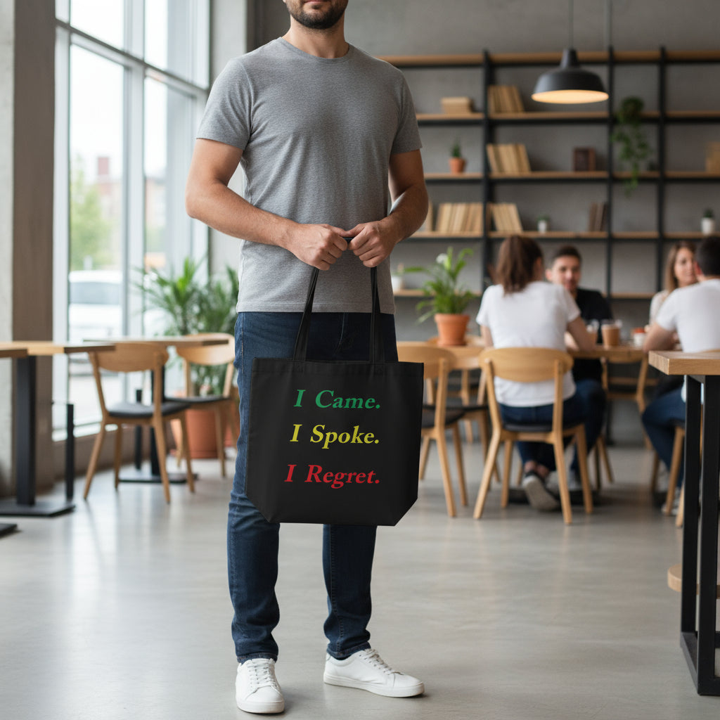 We’ve all been there—showed up, said something, and instantly regretted it. This witty tote bag perfectly captures that awkward moment with the bold phrase “I Came. I Spoke. I Regret.” Designed for lovers of sarcasm, dry humor, and introvert energy, this tote is the ultimate mood for errand days, school runs, or coffee catch-ups. Makes a fun and relatable gift, too!
