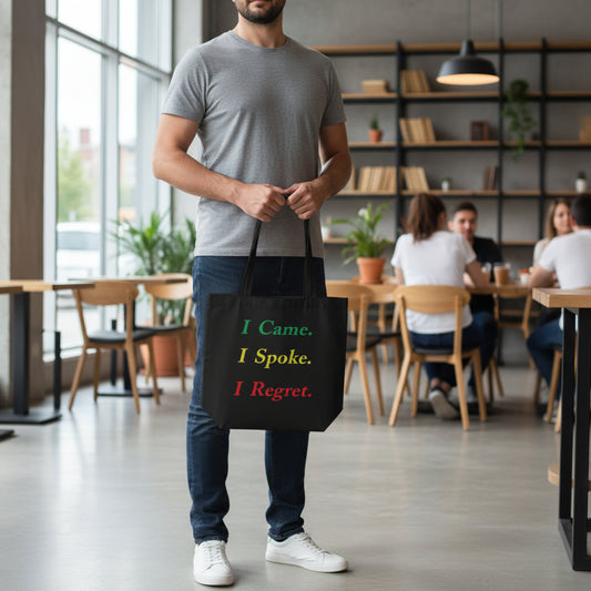 We’ve all been there—showed up, said something, and instantly regretted it. This witty tote bag perfectly captures that awkward moment with the bold phrase “I Came. I Spoke. I Regret.” Designed for lovers of sarcasm, dry humor, and introvert energy, this tote is the ultimate mood for errand days, school runs, or coffee catch-ups. Makes a fun and relatable gift, too!