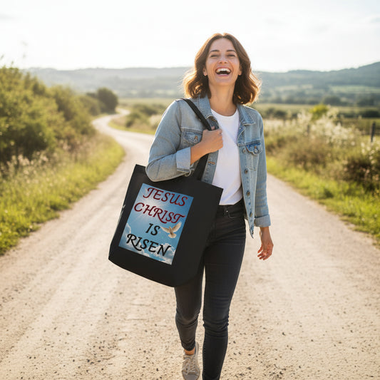 Celebrate the power of the Resurrection with this inspiring&nbsp;“Jesus Christ Is Risen” tote bag. Made from sturdy materials and featuring bold typography, this bag is perfect for carrying your essentials while honoring the victory of Christ. Ideal for everyday use, ministry events, or as a meaningful gift.