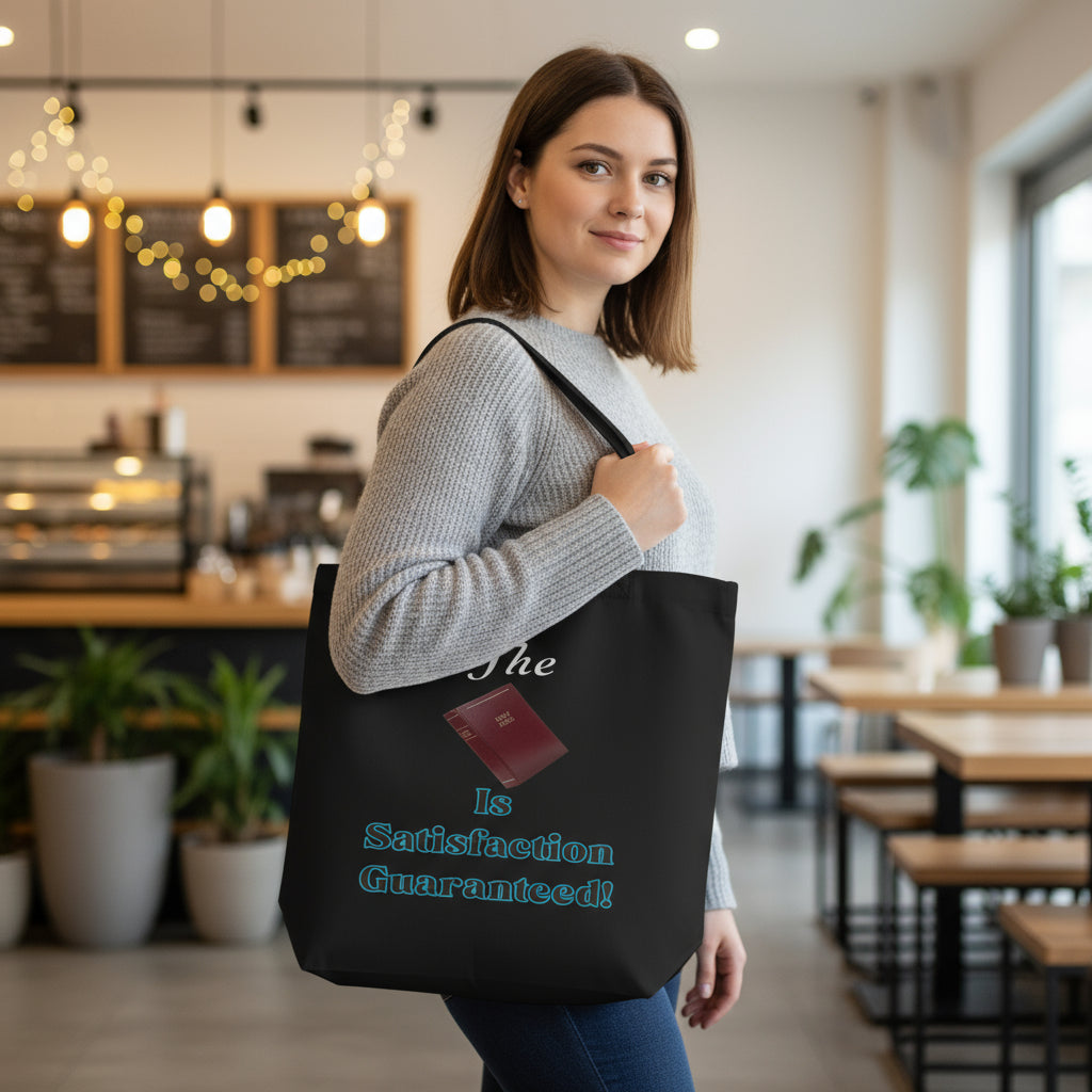 Make a bold statement of faith with this “The Bible Is Satisfaction Guaranteed” tote bag. Featuring an image of the Holy Bible and a powerful declaration at its heart, this sturdy and reusable bag is perfect for daily errands, church visits, Bible study, or simply sharing the Word wherever you go.