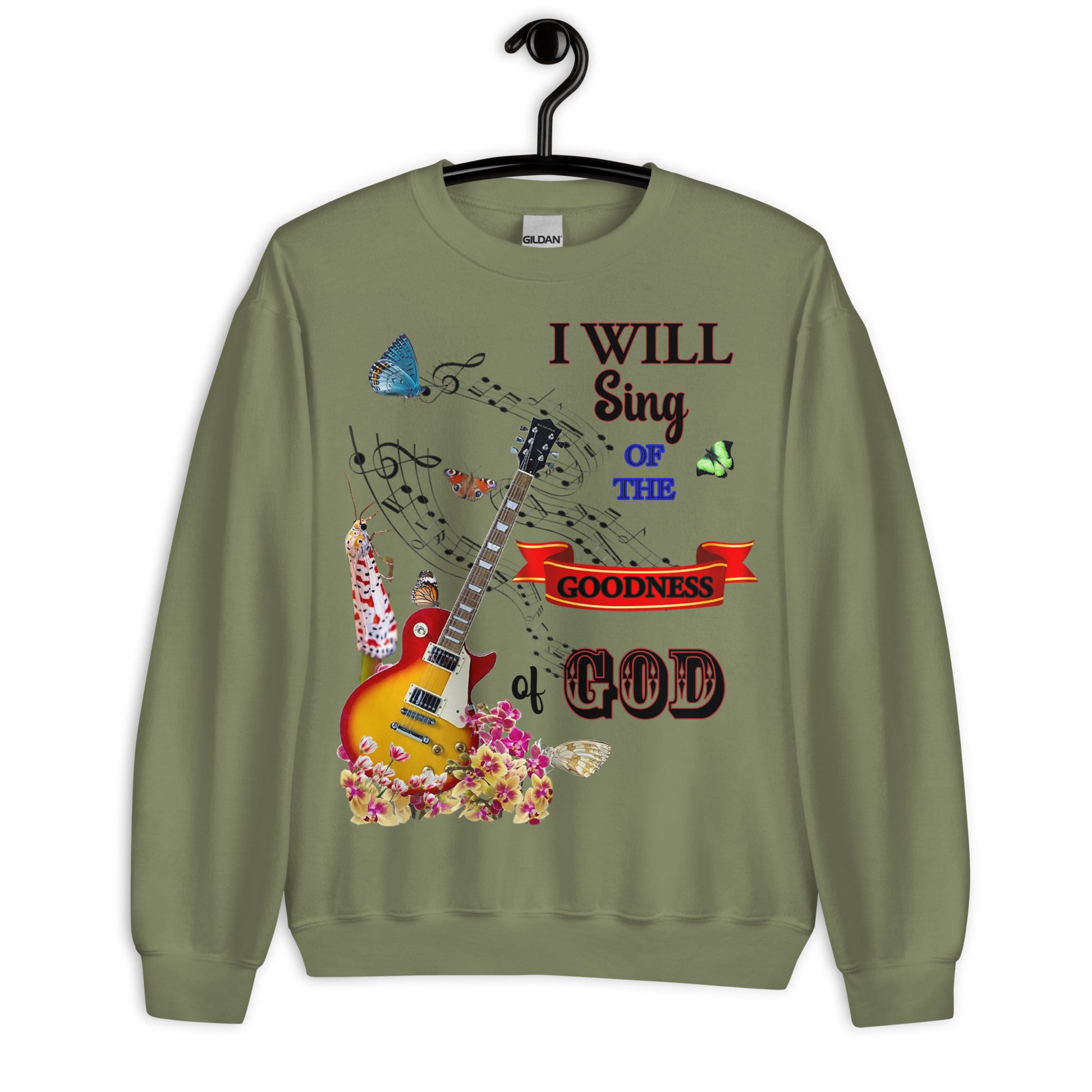 Gildan 18000 unisex sweatshirt with the words “I Will Sing of the Goodness of God” and a design featuring a guitar, butterflies, and flowers — Christian worship theme.