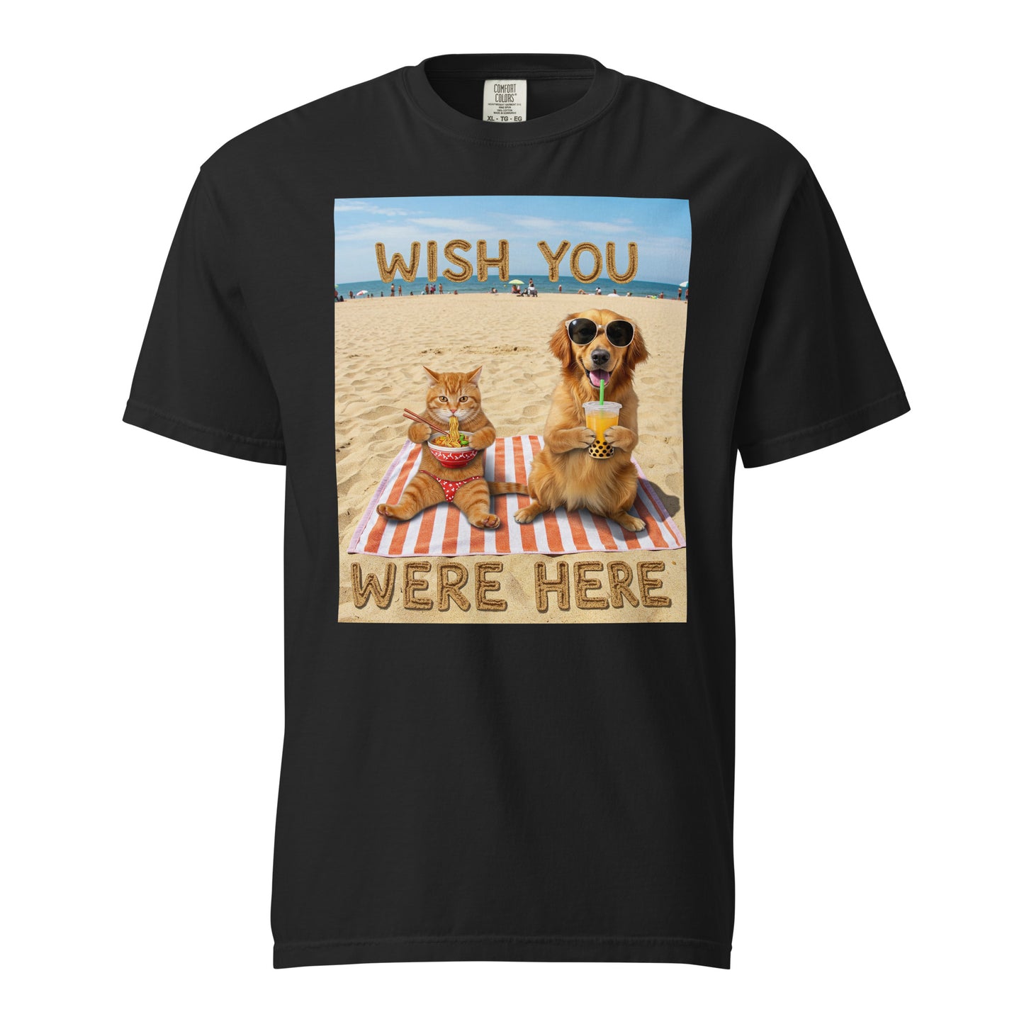 Relax in style with this Comfort Colors 1717 tee featuring a chilled-out dog sipping bubble tea and a relaxed cat enjoying ramen—both lounging on the beach with “Wish You Were Here” written in the sand. Made from soft, garment-dyed cotton, this shirt brings relaxed vibes and vintage comfort to your wardrobe.