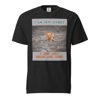 Wrap yourself in comfort and calm with this relaxed-fit Comfort Colors 1717 Unisex t-shirt featuring a chilled-out cat on a bed of pebbles and the message:&nbsp;“I am not lonely, I just like peace and quiet.” Ideal for introverts, deep thinkers, and cat lovers.