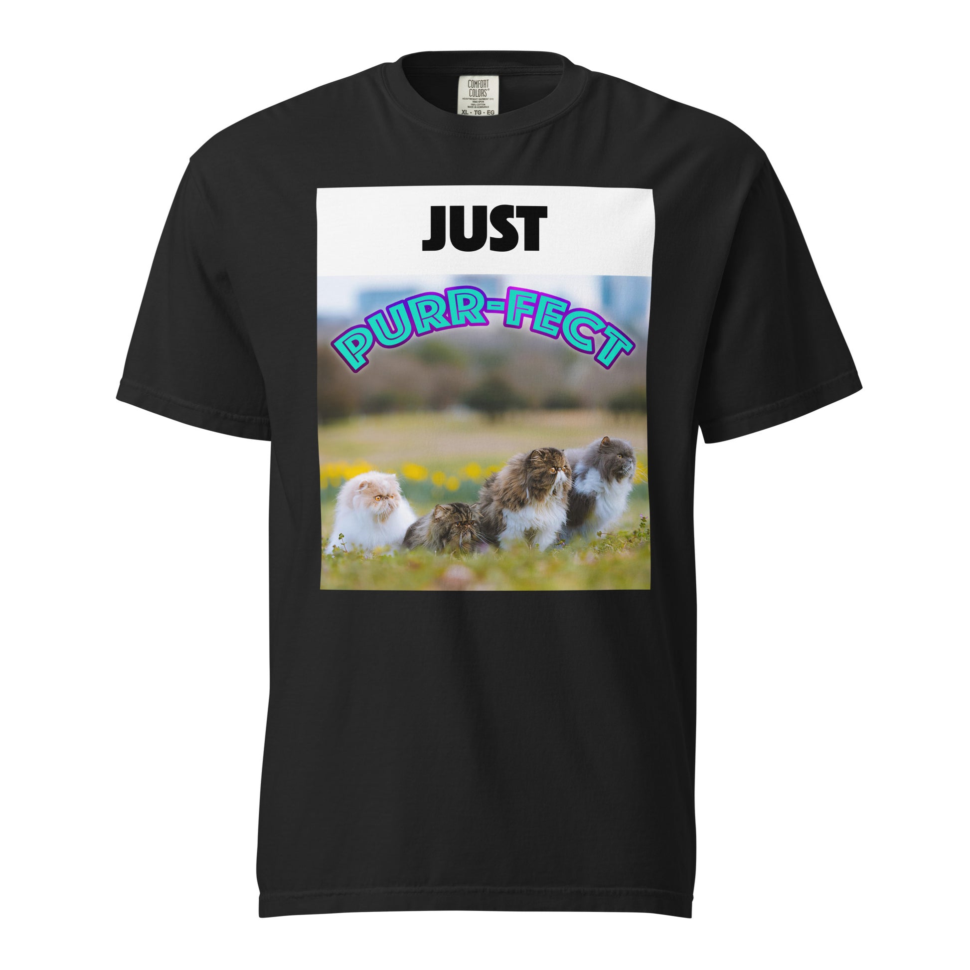 A black unisex t-shirt with a graphic print of a group of cats and the text 'JUST PURR-FECT'.