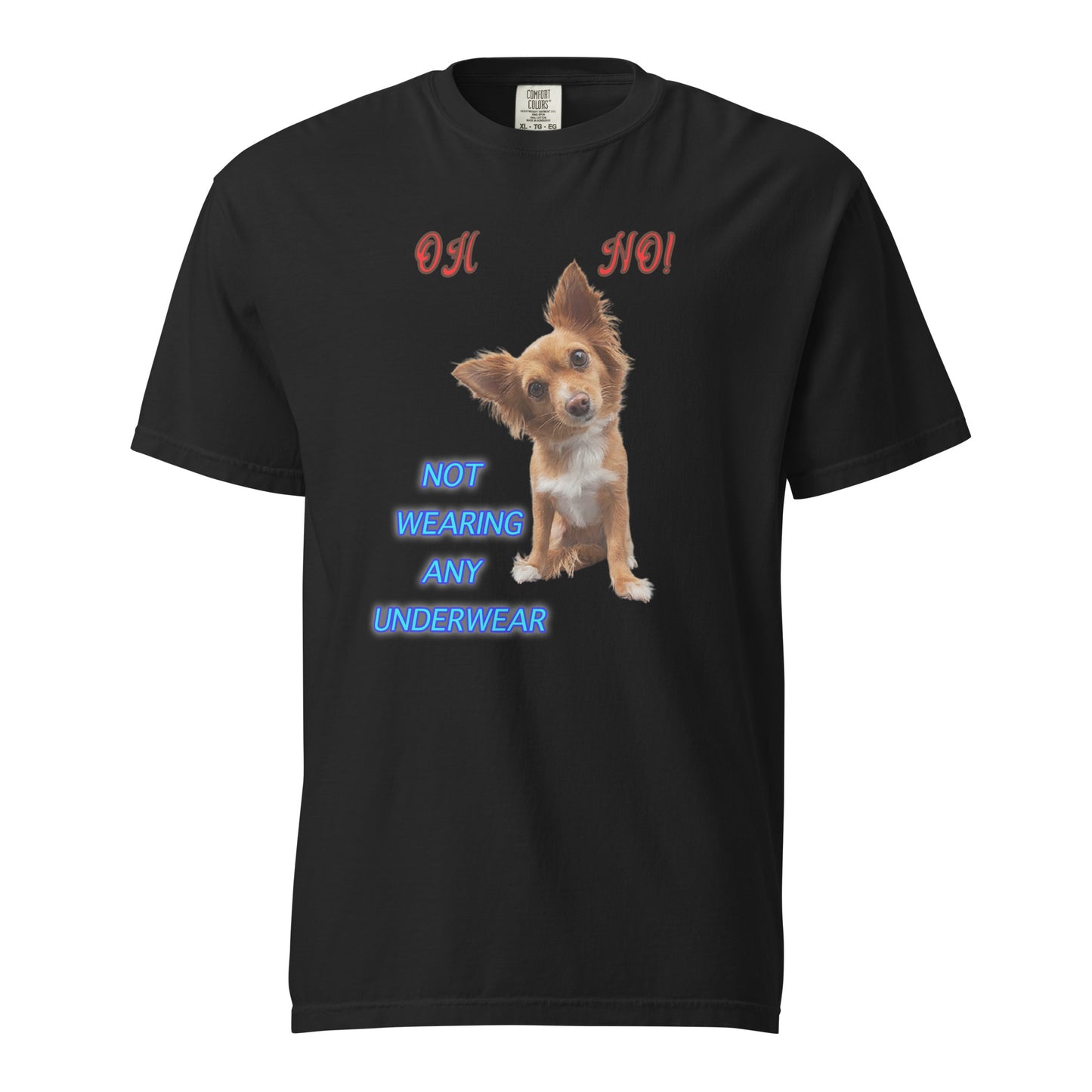 Make a bold and funny statement in this relaxed-fit Comfort Colors 1717 Unisex tee, showcasing a dog caught in the act... of being adorably scandalous! 😂 This hilarious "Oh No! Not Wearing Any Underwear" t-shirt features a wide-eyed, shocked pup that's too cute to stay mad at. Perfect for those who love to turn heads and start conversations, this shirt is a blend of bold humor and canine charm.