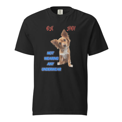 Make a bold and funny statement in this relaxed-fit Comfort Colors 1717 Unisex tee, showcasing a dog caught in the act... of being adorably scandalous! 😂 This hilarious "Oh No! Not Wearing Any Underwear" t-shirt features a wide-eyed, shocked pup that's too cute to stay mad at. Perfect for those who love to turn heads and start conversations, this shirt is a blend of bold humor and canine charm.