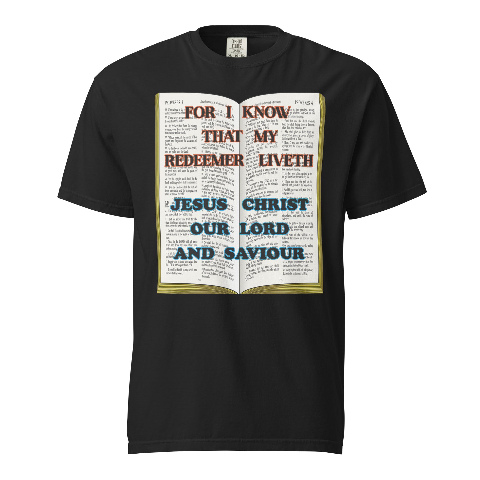 Express your devotion with cozy comfort and a bold declaration. This Comfort Colors 1717 Unisex tee features the scripture-inspired phrase “For I Know My Redeemer Liveth” paired with “Jesus Christ Our Lord and Saviour,” printed over a Bible. The garment-dyed softness and relaxed fit make it ideal for thoughtful reflection and everyday witnessing