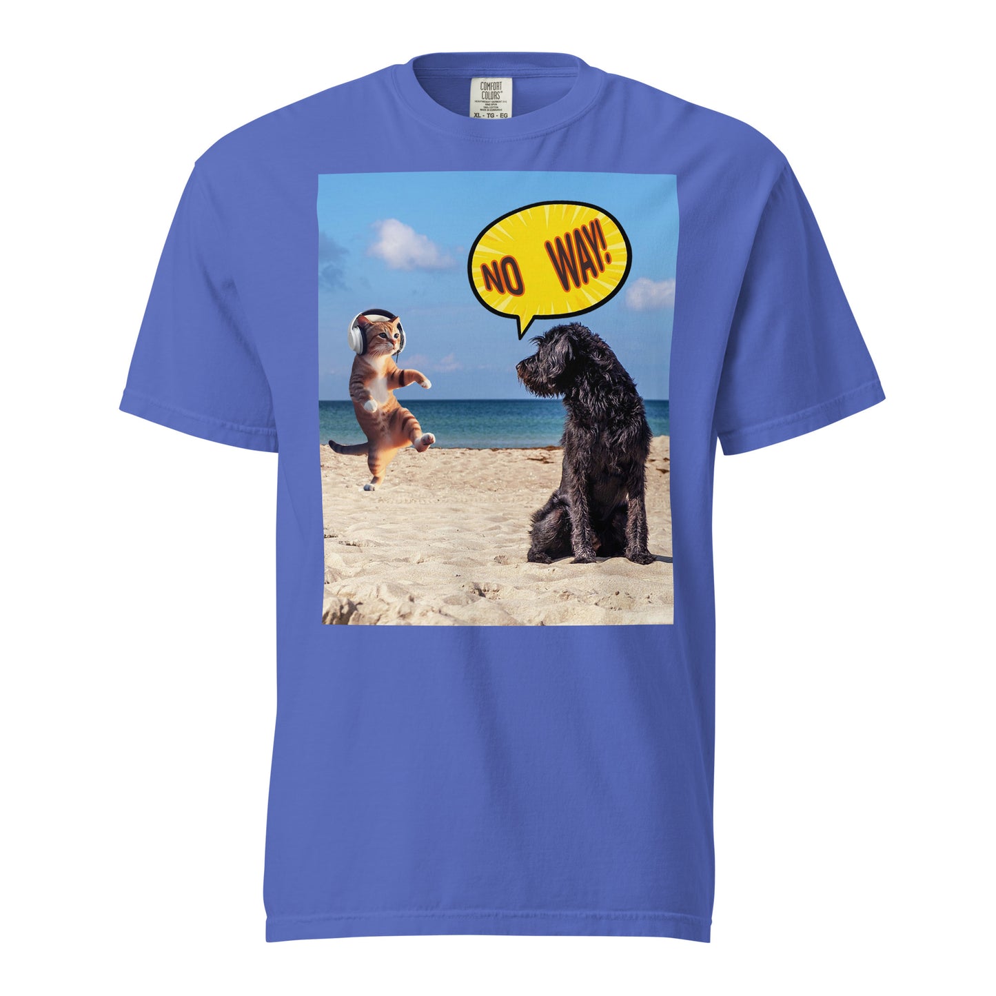 This Comfort Colors 1717 Unisex tee combines laid-back beach vibes with playful humor. Featuring a chilled dog saying "No Way" to a dancing, headphone-wearing cat, it’s printed on garment-dyed, 100% ring-spun cotton for a lived-in feel from day one. With a relaxed fit and rich color tones, it’s perfect for lounging, gifting, or showing off your love for pets and fun graphics.