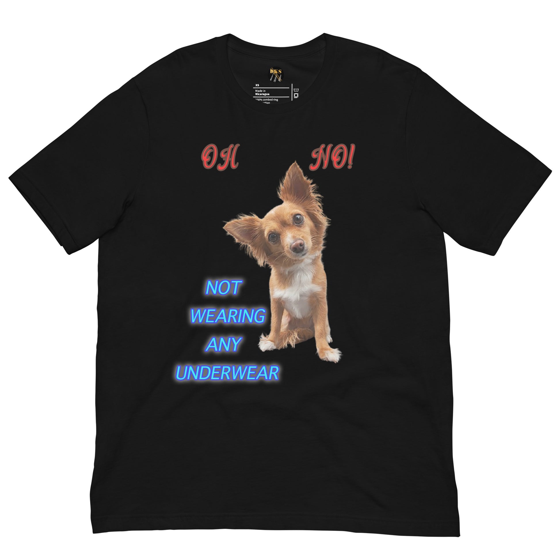 Bring the laughs with this super soft and lightweight Bella+Canvas 3001 Unisex tee featuring a hilarious dog saying,&nbsp;"Oh no, not wearing any underwear!" Made for comfort and everyday wear, this unisex shirt fits like a well-loved favourite and is ideal for dog lovers, jokesters, and anyone who enjoys quirky humor.