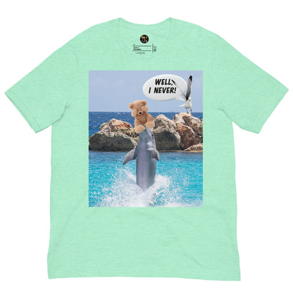This unisex Bella+Canvas 3001 t-shirt features a playful dolphin juggling a scared teddy bear while a dove looks on, astonished, and exclaims "Well I never!" Made from 100% combed and ring-spun cotton, it's lightweight, soft, and perfect for everyday wear with a modern fit. Ideal for animal lovers, beach vibes, or anyone with a quirky sense of humor.