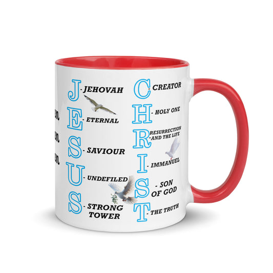 Let your mug speak the Gospel. This beautiful ceramic inside colour coffee mug features an inspiring acronym for "Jesus Christ", where each letter unveils a powerful truth—for example, J for Jehovah, E for Eternal, S for Saviour, and so on