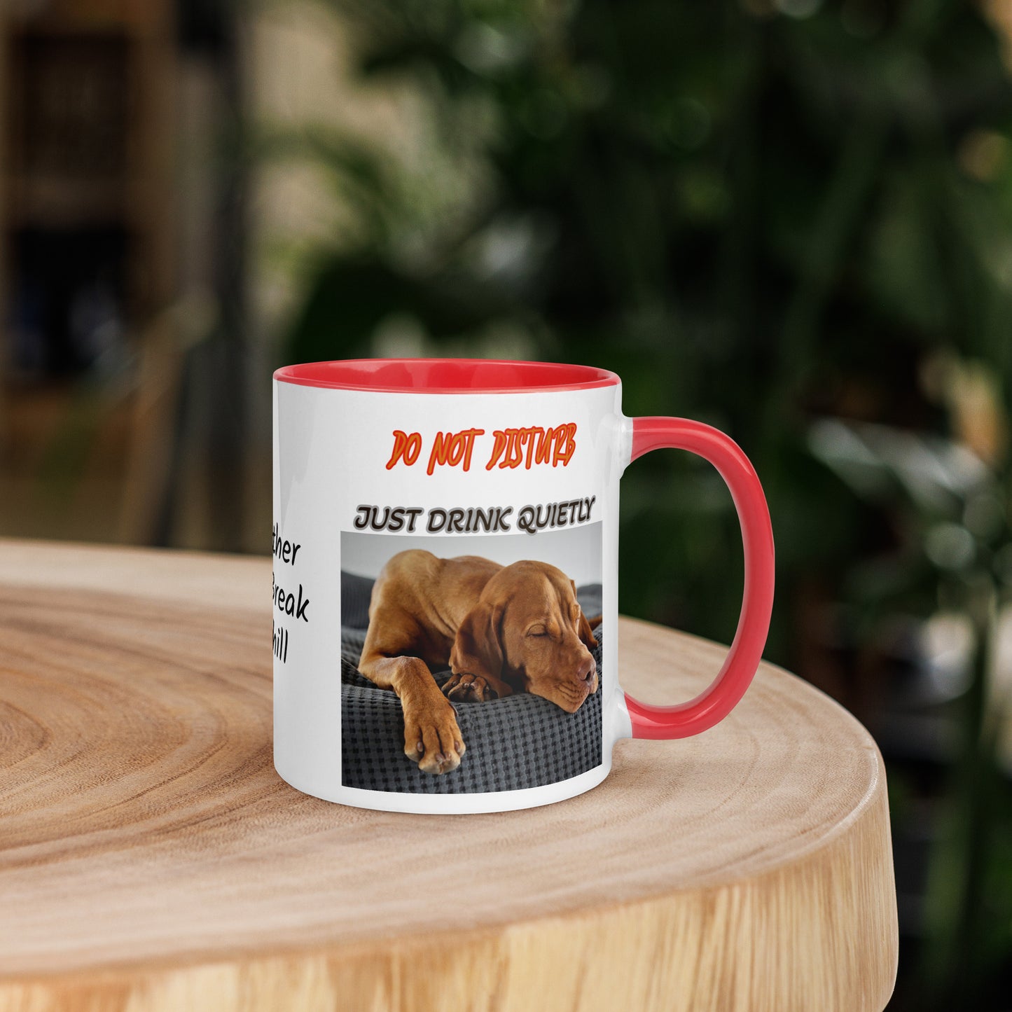 Need your quiet time with your coffee? This personalized inside colour coffee mug says it for you — “Do Not Disturb Just Drink Quietly”, paired with a charming image of a sleeping dog.