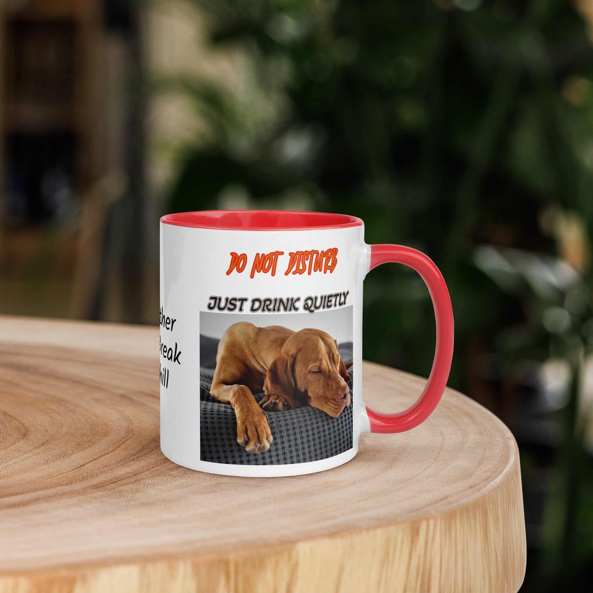 Need your quiet time with your coffee? This personalized inside colour coffee mug says it for you — “Do Not Disturb Just Drink Quietly”, paired with a charming image of a sleeping dog.