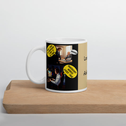 I🎮&nbsp;Boss, I have an emergency…
This white ceramic personalized mug features the hilarious phrase&nbsp;Emergency Works Every Time, perfect for gamers who know the value of a last-minute save. Whether you're sipping coffee during a boss battle or need a boost between matches, this mug brings humor and caffeine together in one epic combo. hilariously illustrates the life of a modern-day gamer with two story panels:

1️⃣ Panel One: Employee nervously says to boss, Boss, I have an emergency, I need to go ho