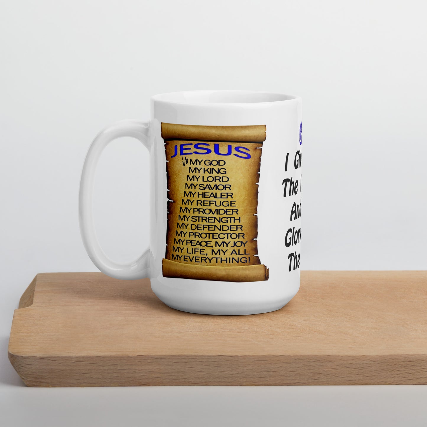 Declare your faith boldly with this beautifully designed Christian white mug featuring powerful affirmations of who Jesus is:

🕊️ “My God, My King, My Healer, My Everything” written in striking typography on scrolls on both sides.
🙏 In the center: “God, I give You the honour, the glory, and the praise.”