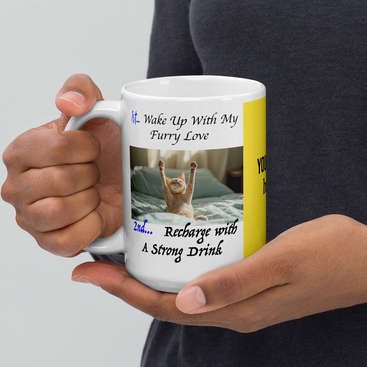 Mornings just got purr-fectly better! 😸
This adorable mug features a cat waking up in bed, stretching two feet in the air, with the fun and oh-so-relatable message: