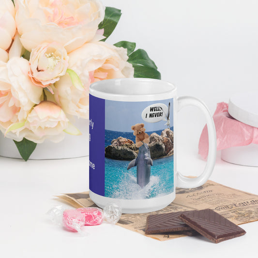 Bring a splash of joy and humor to your day with this whimsical personalized white ceramic mug! Featuring a cheeky dolphin juggling a frightened teddy bear and a dove reacting in disbelief with the phrase "Well I never!", this design is made to make you smile.
