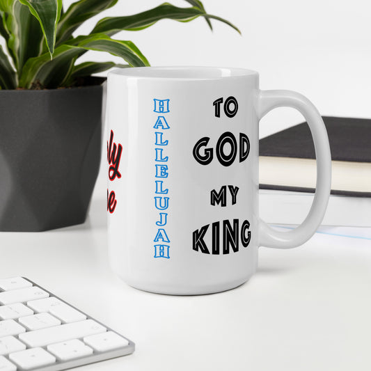 Glorify the King with every cup! This powerful white ceramic mug features&nbsp;"Hallelujah to God My King" boldly displayed on both sides and "Holy One" in the center — creating a faith-filled reminder of God's majesty.