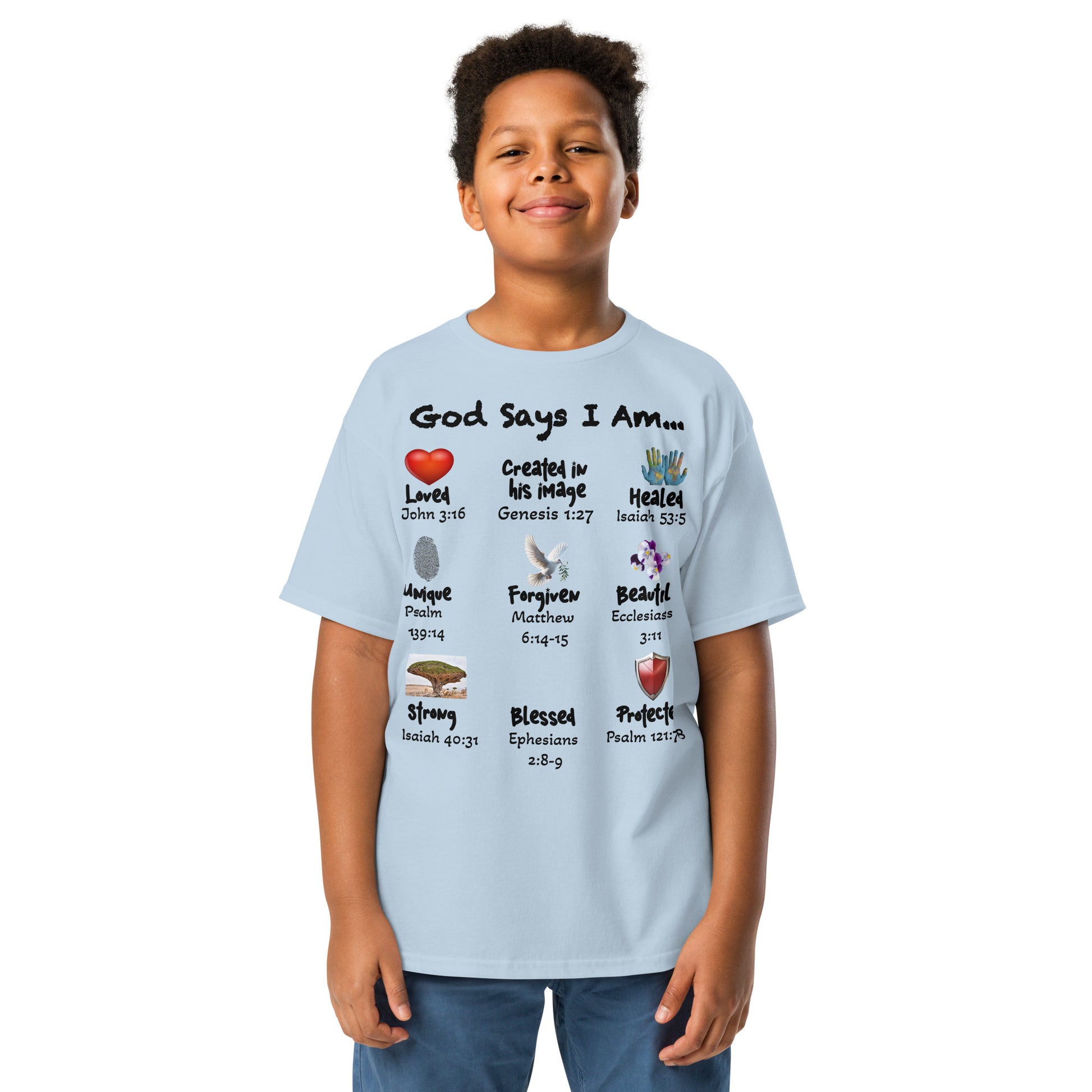 Introducing the perfect Kids Heavy Cotton™ Gildan 5000B unisex Tee for your little ones! Let your little one wear their faith proudly showcasing the bold declaration: "God Says I Am." Paired with child-friendly iconography—like love hearts, shield, and fingerprints